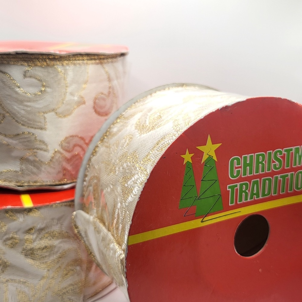 Gold Christmas Ribbon Lot of 3 Embossed Holiday Gift Wrap Tree Decor Roll - Picture 8 of 10